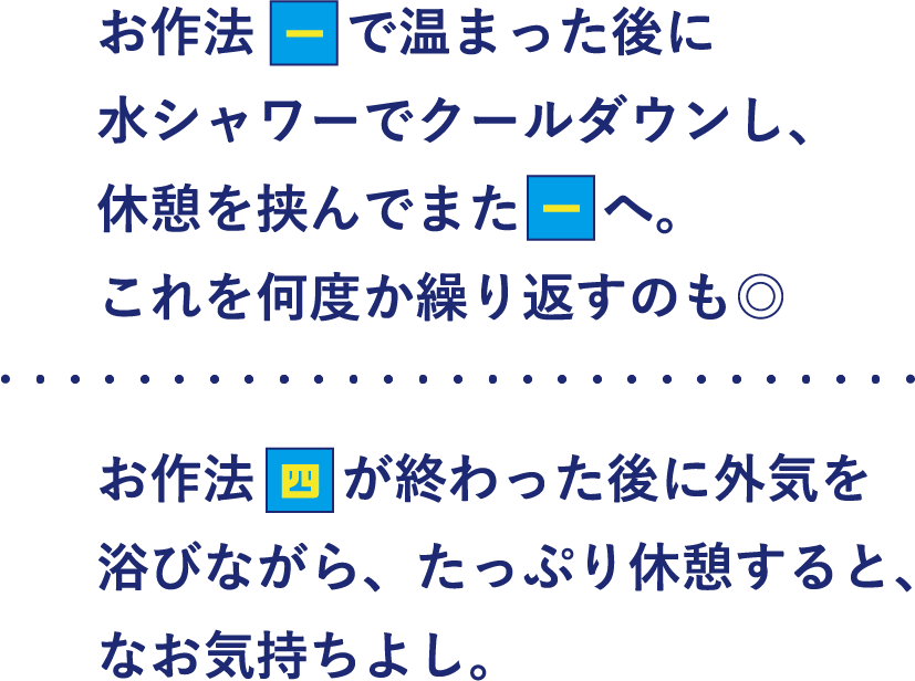 お作法1で温まった後に水シャワーでクールダウンし、休憩を挟んでまた1へ。これを何度か繰り返すのも◯ お作法4が終わった後に外気を浴びながら、たっぷり休憩すると、なお気持ちよし。